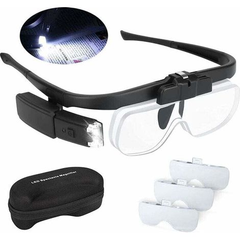 Lente d'ingrandimento illuminata a LED con 2 luci, lente d'ingrandimento con archetto per lettura di precisione, per orologiai, ipovedenti, ricaricabile tramite USB, ingrandimento intercambiabile 1,5X (1/4)