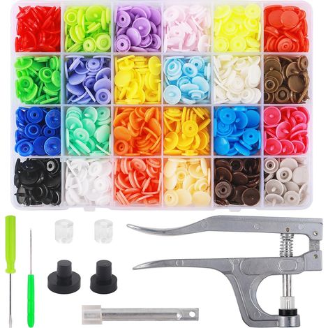 Set di attrezzi per bottoni a pressione con pinze - 216 set di bottoni a pressione in plastica T5 in 24 colori - Set iniziale completo - cucito - abbigliamento - 216 set (1/5)