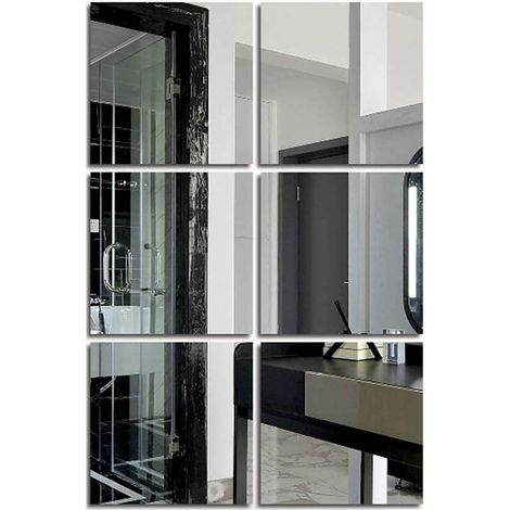 Lot de 6 miroirs carrés autocollants muraux en acrylique argenté, amovibles et repositionnables, pour chambre, salon ou salle de bain, 20 x 20 cm. (1/5)
