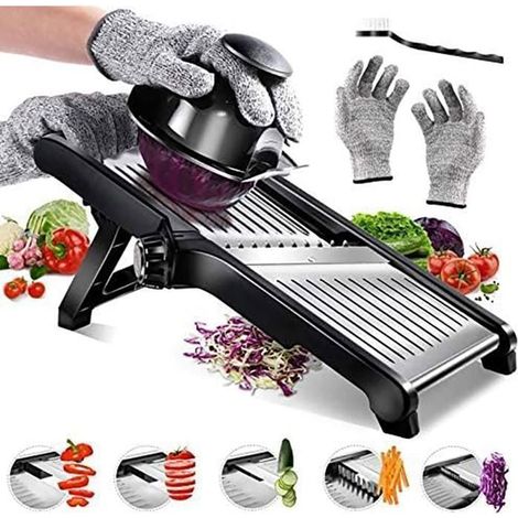 Mandoline de cuisine avec protège-main et gants - Tranches 1-9 mm, râpe 4,5/9 mm