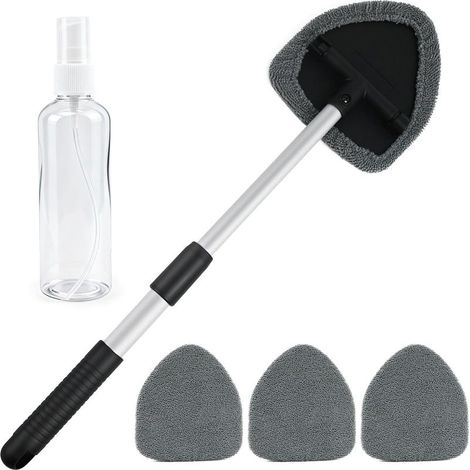 1 Nettoyant pour pare-brise, manche télescopique 180°, 4 tampons microfibre lavables, 1 flacon pulvérisateur 100 ml, pour vitres auto et surfaces lisses (1/5)