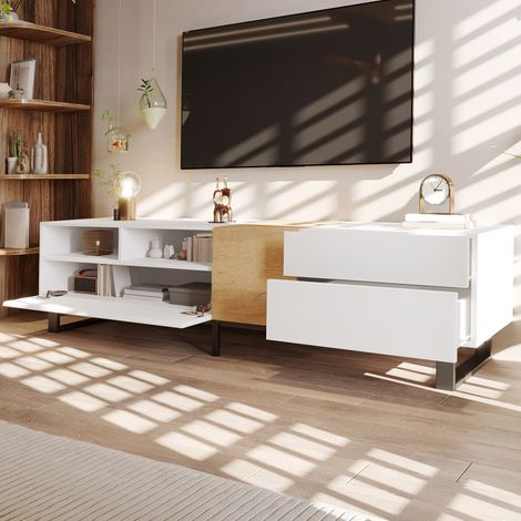 Meuble TV moderne blanc et effet bois, 180 x 50 x 38 cm, design épuré, meuble bas pour salon, style scandinave minimaliste. (1/5)
