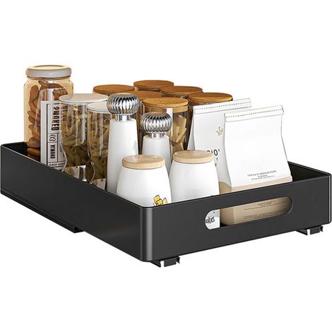 Tiroir Coulissant - 26 cm L x 37 cm P x 8 cm H - Pour Armoire Cuisine Salle De Bain Garde-Manger - Sans Perçage - Acier Carbone - Noir - 1 Pièce (1/5)