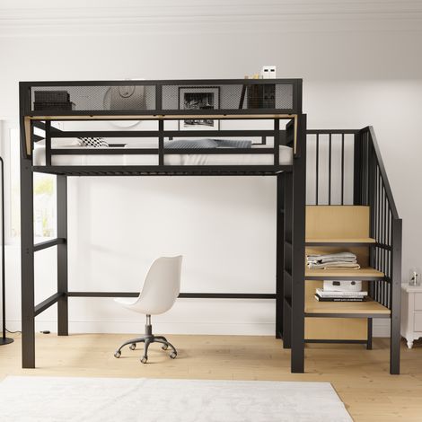 Lit mezzanine 90x200 cm en métal noir avec échelle de sécurité, rangement modulable, lit adulte & superposé enfant – idéal petit espace (1/4)