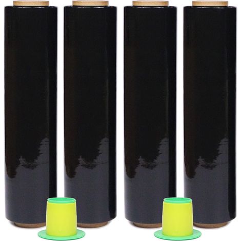Film d'emballage noir, 40 cm x 250 m, avec poignée en plastique, pour l'emballage de palettes, le transport, la stabilité et la protection, (noir, 4 rouleaux) (1/5)