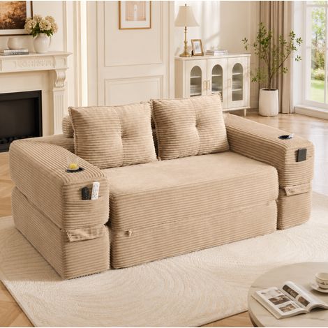 Canapé convertible 2 places 180x98x80 cm en tissu côtelé beige, gain de place salon FloraGrace (1/5)