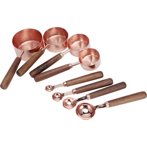 Set mit 8 rosafarbenen Messlöffeln aus Edelstahl mit Holzgriffen zum Backen (1/5)