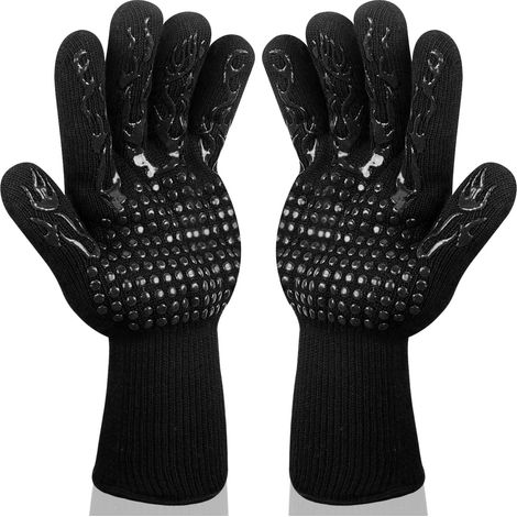 Gants de barbecue - Gants de cuisine - Résistants à la chaleur - 1 paire de gants en silicone antidérapants EN407 - pour griller, cuisiner, souder, utiliser une cheminée (noir) (1/5)