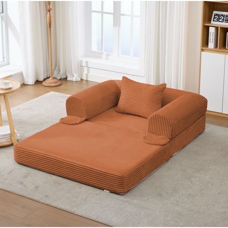 Sofá cama individual convertible de pana naranja con cojín, 120 x 85 x 65 cm (1/5)
