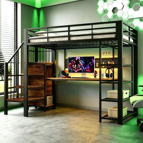 Lit mezzanine - LED - 90x200 cm - Bureau intégré, rangements - Métal - Noir (1/5)