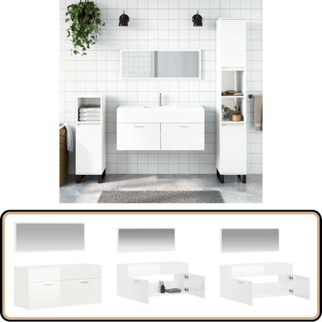 Badschrank mit Spiegel Hochglanz-Weiß Holzwerkstoff - Badezimmermöbel - Badschrank - Spiegel - Holzwerkstoff - Weiß