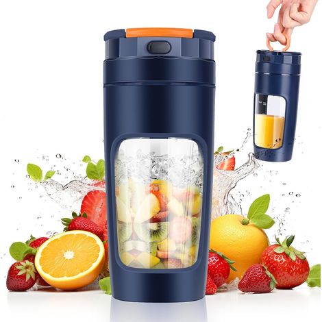 Licuadora portátil de 600 ml, licuadora portátil para batidos, potente licuadora de 20000 RPM con 4 cuchillas, mini licuadora con tapa de viaje para cocina, gimnasio y oficina (azul). (1/5)