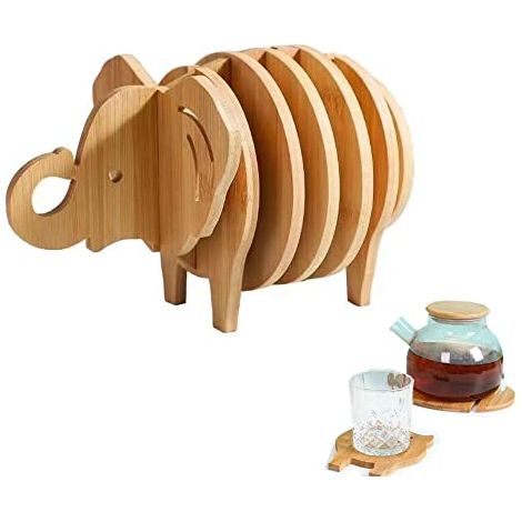 Untersetzer aus Bambus, 3D-Elefantenform, hitzebeständig, rund, braun (1/2)