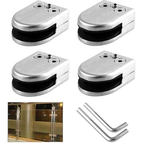 TAISHENGDA Lot de 4 pinces à verre de 8 à 10 mm (taille M) - Pince à clip en acier inoxydable 304, support de serrage réglable à dos plat, pour rampe, balustrade d'escalier (argenté) (1/5)