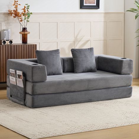 Divano letto pieghevole 2 in 1 con braccioli retrattili, portabicchieri e tasca laterale, in velluto a coste grigio scuro (1/5)