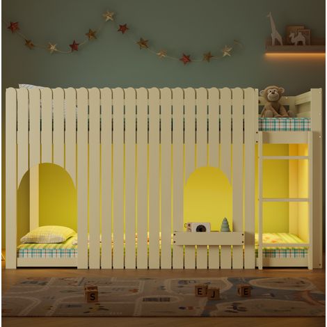 DESVIAE Hochbett enfant avec barrières LED multicolores échelle droite 3 marches et espace de rangement naturel 90 x 200 cm (1/5)