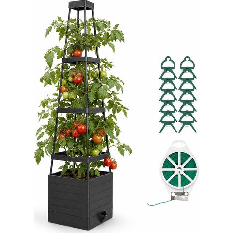Jardinière Surélevée avec Treillis 145 cm, Pot à Tomates Auto-Arrosant, Bac de Plantation Noir pour Plantes Grimpantes, Légumes, Fleurs, Jardin, Balcon et Terrasse, 1 Pièce (1/5)