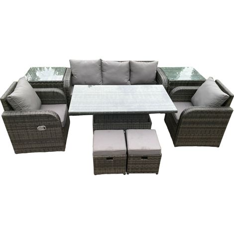 Fimous Meubles d'extérieur en rotin Jardin Salle à manger Set Table élévatrice réglable en hauteur Set canapé avec chaises Table d'appoint 2 petits repose-pieds (1/5)