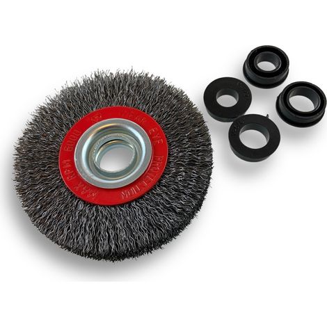 Brosse circulaire ACIER  Ø 100 mm  Epaisseur 2 rangs  Fil dur 0.30 mm ondulé  Alésage 16 mm  Touret meuleuse affûteuse ponceuse  Brossage décapage polissage dérouillage  Kibros 234102AT (1/5)