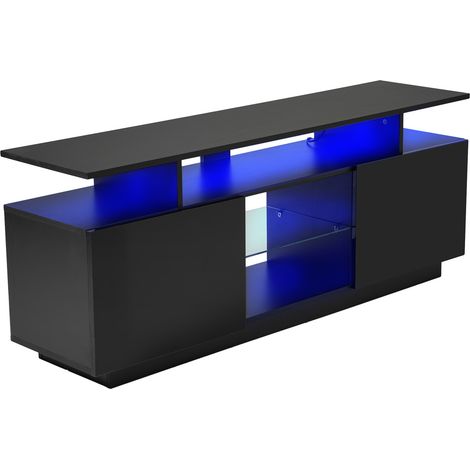 Meuble TV noir 1,4 m avec éclairage LED multicolore, portes brillantes et 5 compartiments de rangement (1/5)