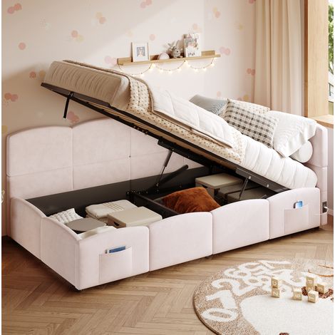 Lit coffre 90 x 200 cm en velours rose avec USB-A et USB-C, rangement hydraulique (1/5)