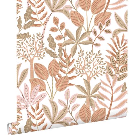 papier peint feuilles terracotta, marron et rose - ESTAhome