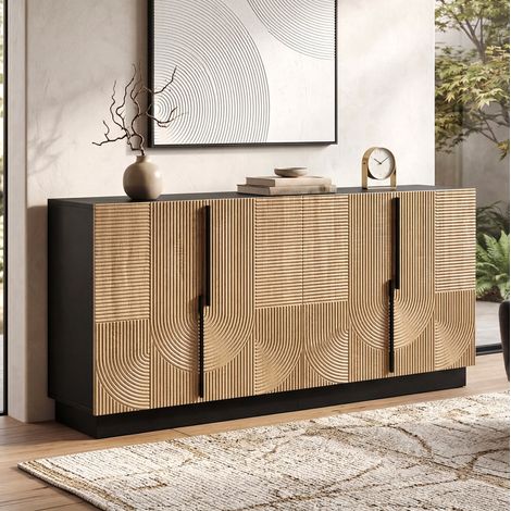 Aparador 160x42x76 cm negro y natural en MDF y tablero de partículas con puertas acanaladas y tiradores metálicos (1/5)
