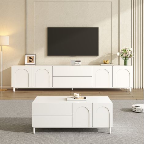Ensemble meuble TV et table basse blanc avec portes cintrées, 180x40x48 cm + 100x50x39,5 cm (1/5)