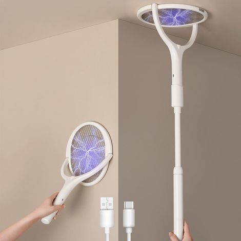 Tapette à mouches électrique rechargeable avec tête rotative, anti-moustiques et araignées, avec rallonge télescopique
