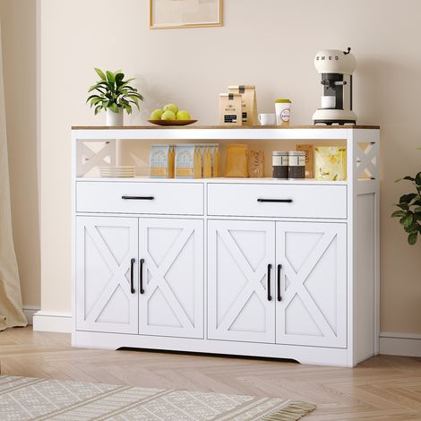 Nmonet – Buffet scandinave 140x40x105 cm – 2 tiroirs et 4 portes – MDF blanc avec décorations croisées – Grand espace de rangement pour salon et cuisine (1/5)