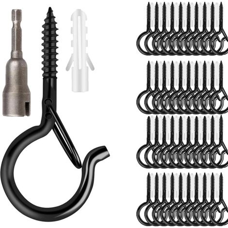 48 ganchos Q, ganchos de rosca para guirnaldas de luces exteriores para colgar coronas navideñas, con manguitos divididos, color negro. (1/5)