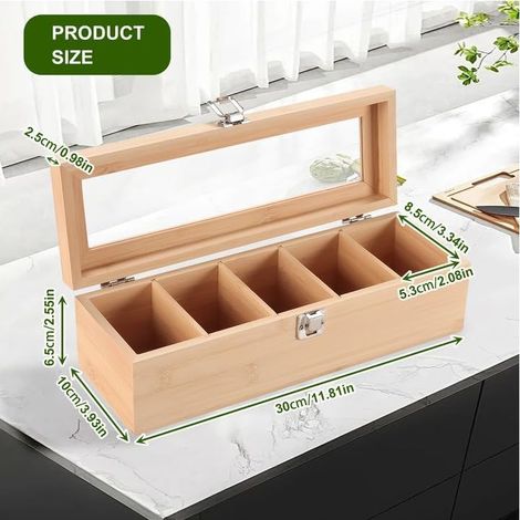 Teedose aus Holz mit transparentem Deckel und 5 Fächern. (1/4)