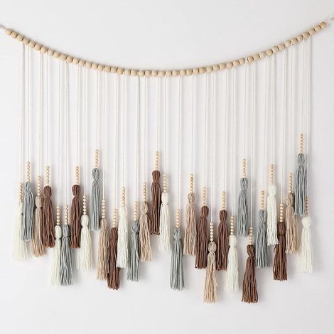 Tenture Murale Macramé avec Perles en Bois Décor Bohème pour Chambre Salon, Marron, Pièce Unique (1/5)