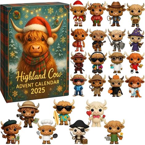Calendrier De Lavent Vache Highland - 24 Cases - Décoration De Sapin De Noël Et Intérieur - Acrylique - 28 X 18 X 3 Cm - 1 Pièce (1/5)