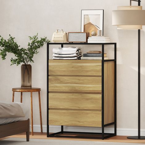Kommode mit 4 Schubladen, offenem Fach, Stahl, Sicherheitsglas