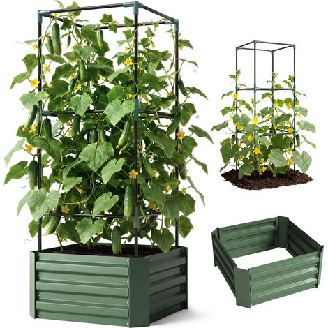 Jardinière surélevée treillis. Bac plantes support grimpantes.Fond ouvert.Intempéries.61x61x140 cm.Verte. (1/5)