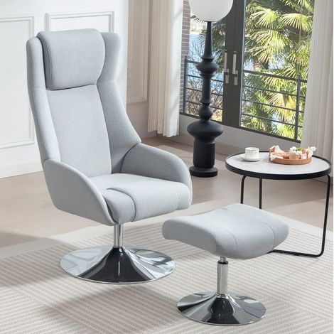 Drehbarer Relaxsessel 68x84x118 cm grau mit Fußhocker, Stoff und Metallgestell MEUBLIV (1/5)