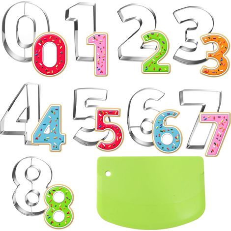 Small Number Cookie Cutter Set (0-8) - 4cm Stainless Steel with Dough Scraper - Letter Cutters for Pastry, Icing and Sugar Decorations (1/5)