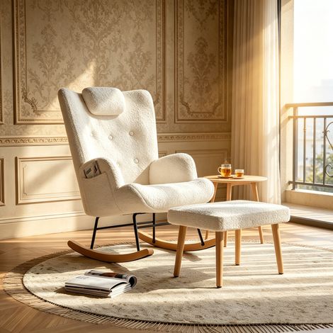 Fauteuil à bascule en velours Teddy, Chaise à relax moderne avec appui-tête, poche et repose – Dimensions 66x70x89 cm