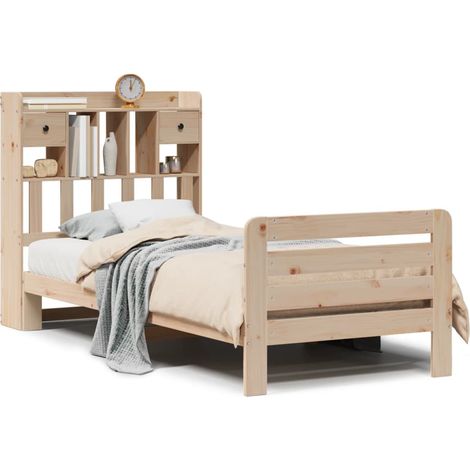 Lit simple  Lit adulte  Lit bibliothèque sans matelas 90x200 cm bois de pin massif