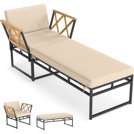 Chaise Longue avec Pouf, Fauteuil Inclinable en Métal pour l'Extérieur avec Coussin et Accoudoirs en Bois d'Acacia, pour Piscine, Jardin et Terrasse (1/5)