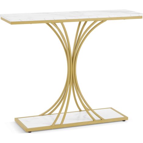 BarberPub Konsolentisch Schmal, Eingangstisch Holz Metallgestell, Flurtisch mit 2 Ebenen, Moderner Beistelltisch für Flur, Wohnzimmer, Vorzimmer, Eingang, Foyer, Marmor-Weiß Gold, 30x100x80,5cm, 2226 (1/5)