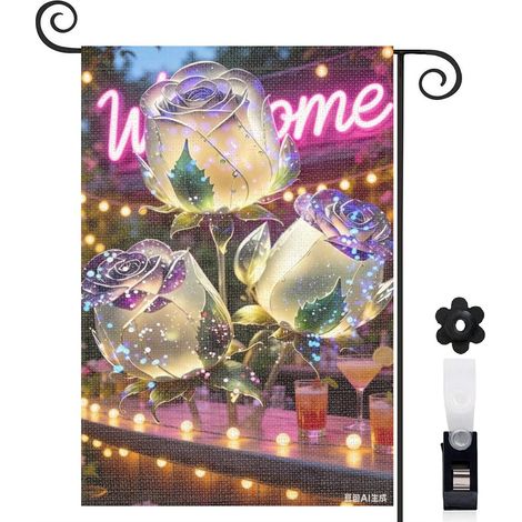 Bannière de cour palmiers et roses magiques 30 x 45 cm décoration terrasse et balcon (1/5)