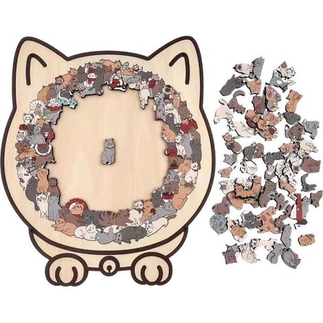 Puzzle en bois de 135 pièces à motif chat 23,7 x 21,8 cm. Puzzle irrégulier en forme d'animal, cadeau interactif et créatif pour les amoureux des chats, les adultes et les familles. (1/5)
