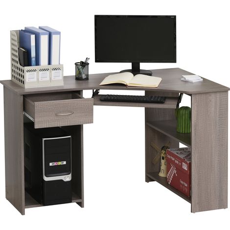HOMCOM L-Shaped Corner Computer Desk w/ 2 Shelves Worktop Keyboard Tray Grey