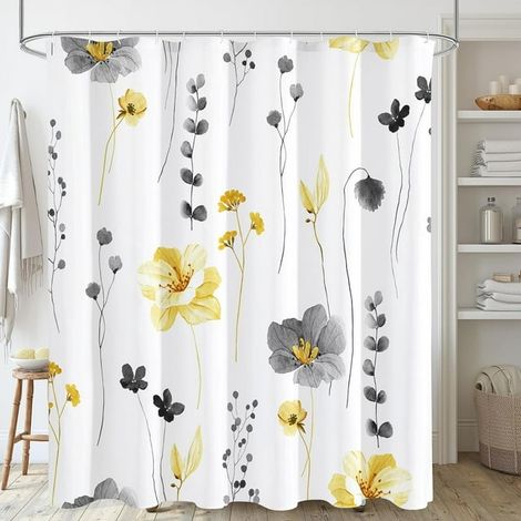 Rideau de douche fleurs jaunes et grises, motif aquarelle imperméable pour salle de bain, tissu blanc moderne minimaliste, ensemble avec crochets 72x72 pouces (1/5)