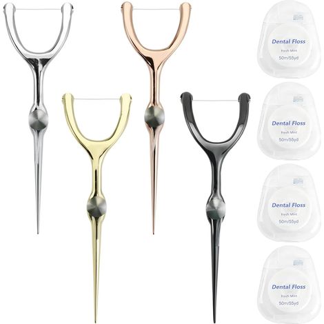 Lot de 4 supports de fil dentaire réutilisables avec fil dentaire, en métal, argent, or, noir et or rose, bâtonnets de fil dentaire réutilisables pour soins bucco-dentaires et voyages (1/5)
