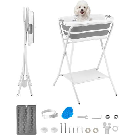 VEVOR Hundebadewanne 28L, Erhöhte Haustierbadwanne mit Metallgestell Abfluss & Lagerregal, Faltbare Haustierwanne zum Baden & Pflegen für Kleine Hunde Katzen bis 8kg, Tragbare Hundedusche, Grau & Weiß (1/5)