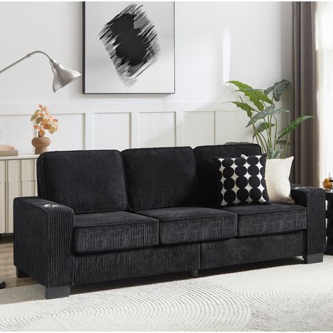 Sofá de 3 plazas de tejido acanalado negro 206 cm con portavasos HAVRYA (1/5)
