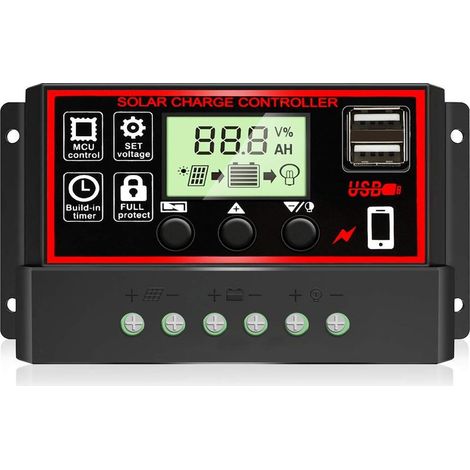 30A Solar-Laderegler, 12V/24V Solarmodulregler mit einstellbarem LCD-Bildschirm, zwei USB-Anschlüssen, Timer-Einstellung, automatischer Parametereinstellung (Schwarz) (1/4)